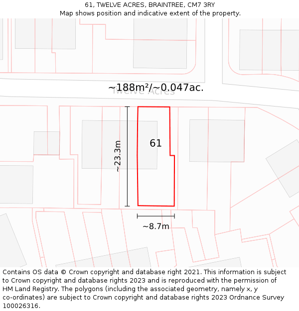 61, TWELVE ACRES, BRAINTREE, CM7 3RY: Plot and title map