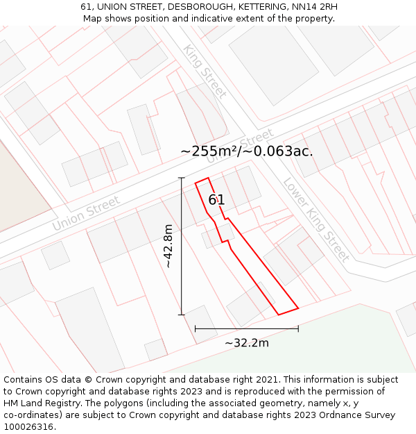 61, UNION STREET, DESBOROUGH, KETTERING, NN14 2RH: Plot and title map