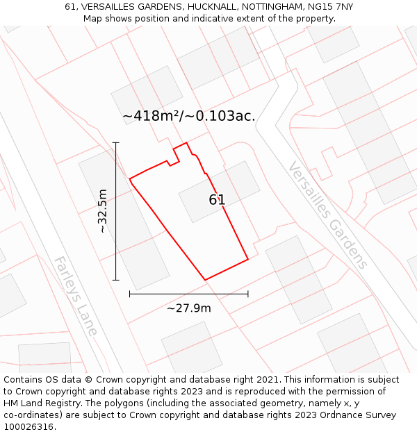 61, VERSAILLES GARDENS, HUCKNALL, NOTTINGHAM, NG15 7NY: Plot and title map