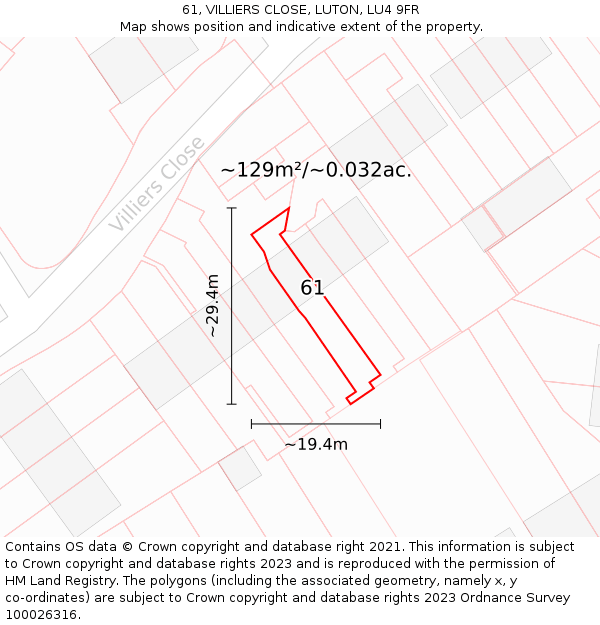 61, VILLIERS CLOSE, LUTON, LU4 9FR: Plot and title map