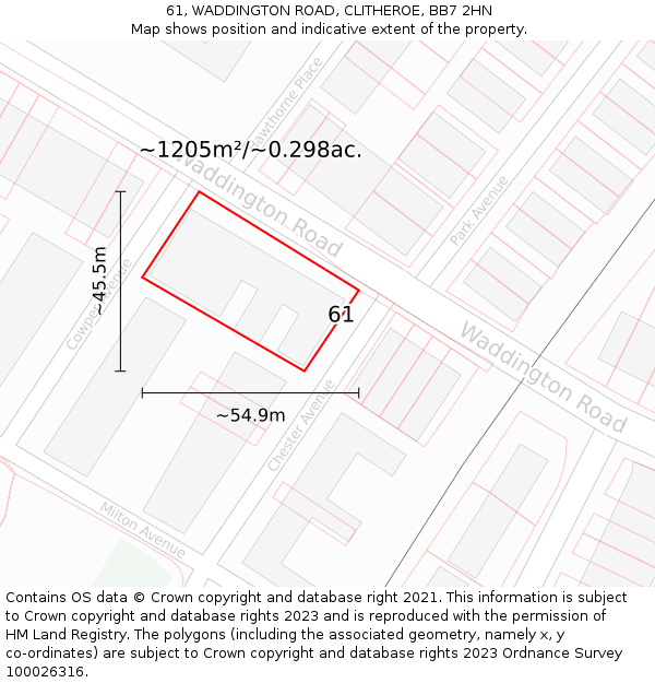 61, WADDINGTON ROAD, CLITHEROE, BB7 2HN: Plot and title map