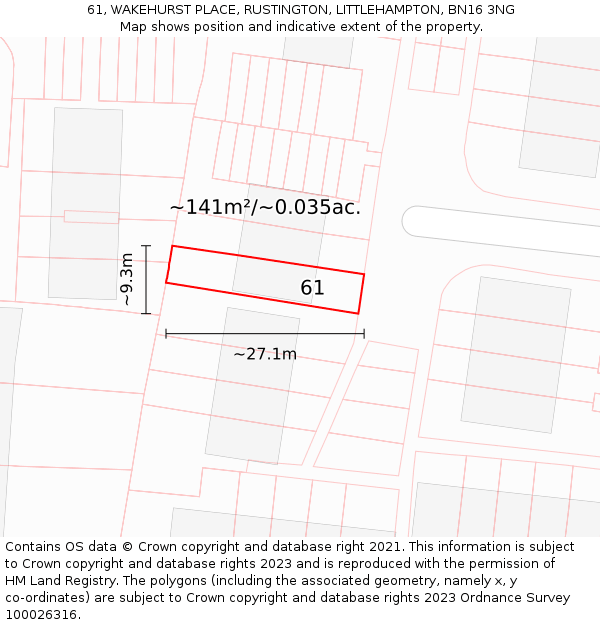 61, WAKEHURST PLACE, RUSTINGTON, LITTLEHAMPTON, BN16 3NG: Plot and title map