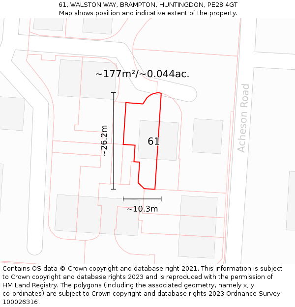 61, WALSTON WAY, BRAMPTON, HUNTINGDON, PE28 4GT: Plot and title map