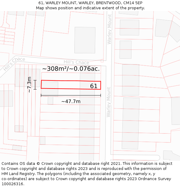 61, WARLEY MOUNT, WARLEY, BRENTWOOD, CM14 5EP: Plot and title map