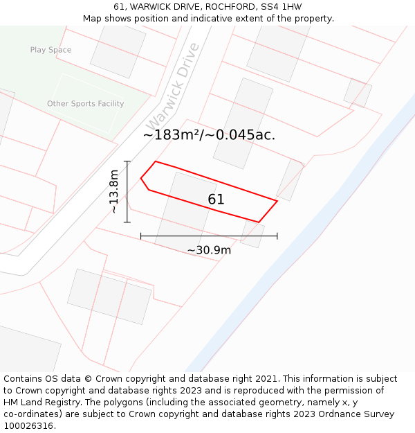 61, WARWICK DRIVE, ROCHFORD, SS4 1HW: Plot and title map