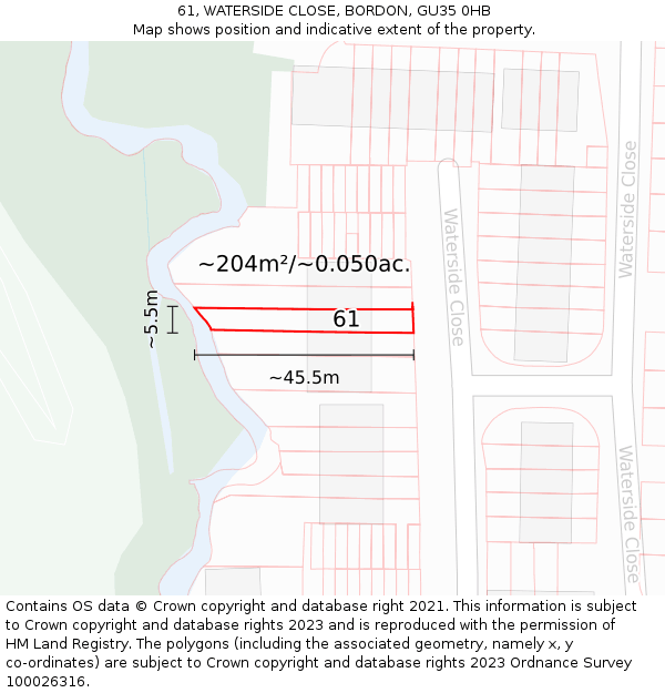 61, WATERSIDE CLOSE, BORDON, GU35 0HB: Plot and title map