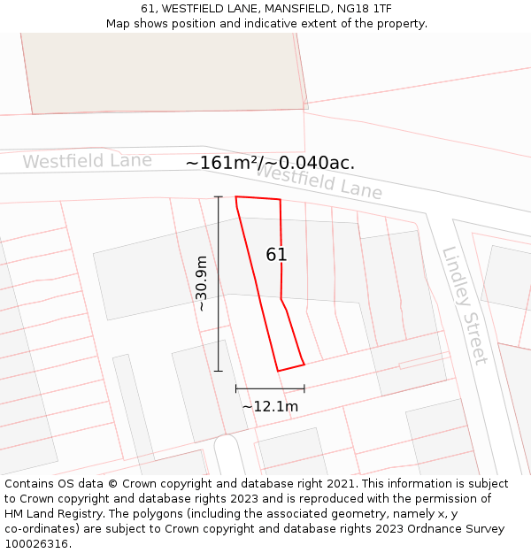 61, WESTFIELD LANE, MANSFIELD, NG18 1TF: Plot and title map