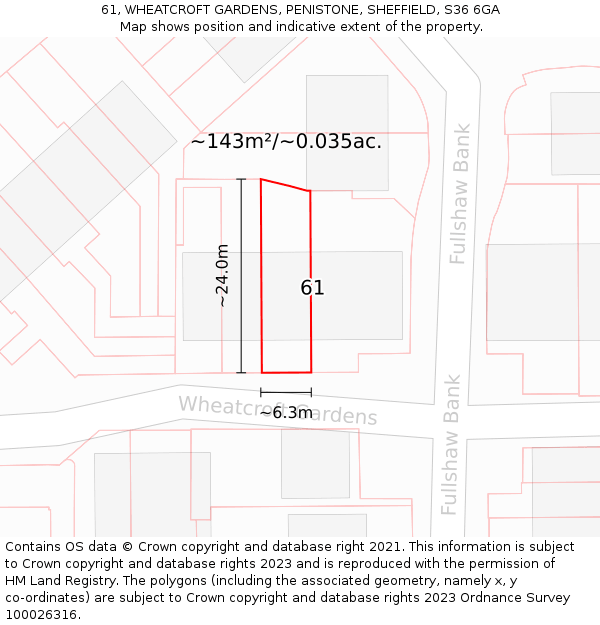 61, WHEATCROFT GARDENS, PENISTONE, SHEFFIELD, S36 6GA: Plot and title map