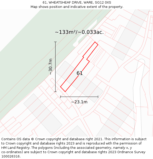 61, WHEATSHEAF DRIVE, WARE, SG12 0XS: Plot and title map
