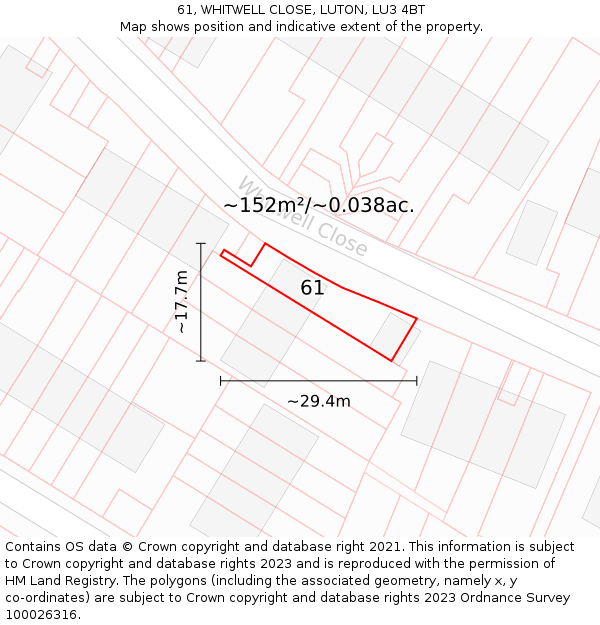 61, WHITWELL CLOSE, LUTON, LU3 4BT: Plot and title map
