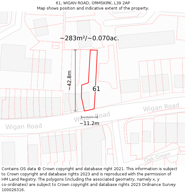 61, WIGAN ROAD, ORMSKIRK, L39 2AP: Plot and title map