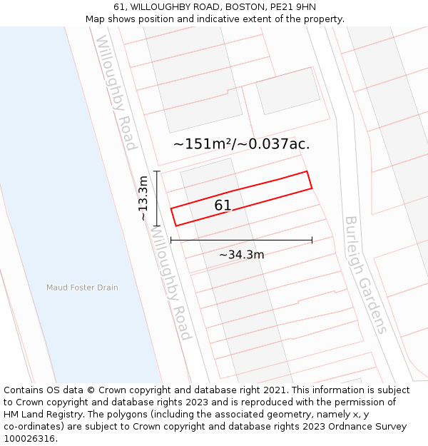 61, WILLOUGHBY ROAD, BOSTON, PE21 9HN: Plot and title map