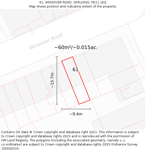 61, WINSOVER ROAD, SPALDING, PE11 1EQ: Plot and title map