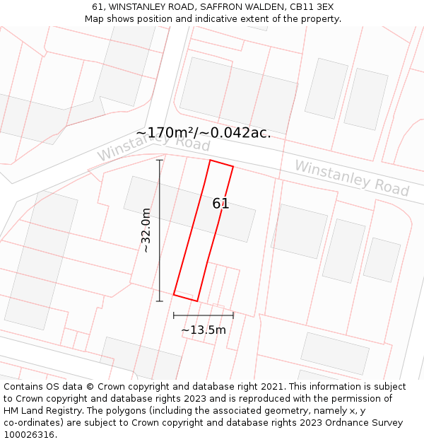 61, WINSTANLEY ROAD, SAFFRON WALDEN, CB11 3EX: Plot and title map