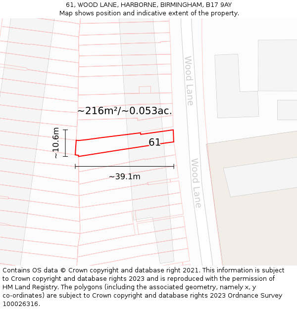 61, WOOD LANE, HARBORNE, BIRMINGHAM, B17 9AY: Plot and title map