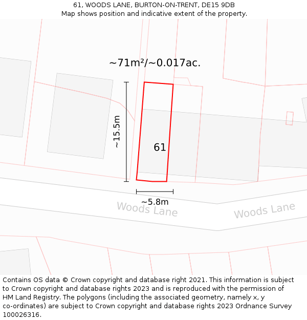 61, WOODS LANE, BURTON-ON-TRENT, DE15 9DB: Plot and title map