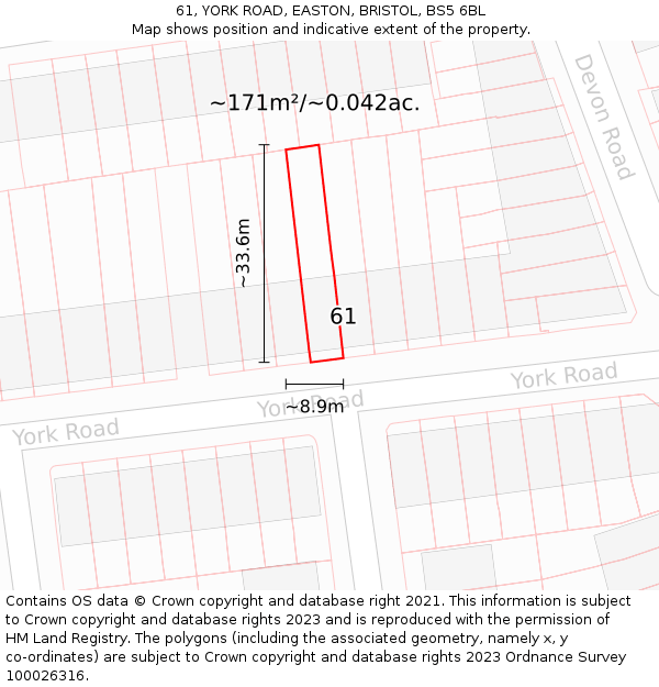 61, YORK ROAD, EASTON, BRISTOL, BS5 6BL: Plot and title map
