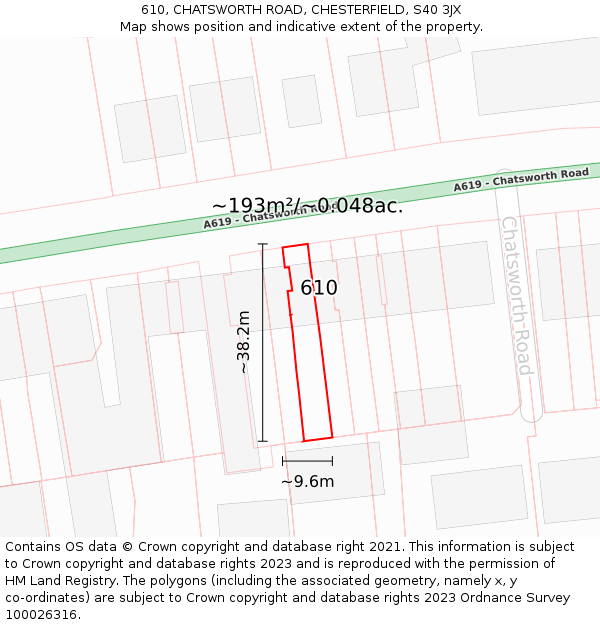610, CHATSWORTH ROAD, CHESTERFIELD, S40 3JX: Plot and title map