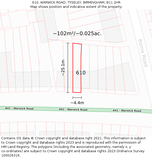 610, WARWICK ROAD, TYSELEY, BIRMINGHAM, B11 2HR: Plot and title map