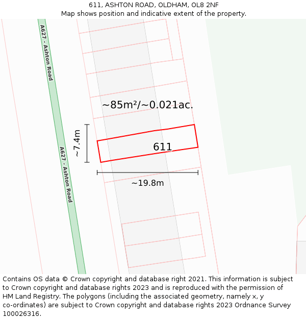 611, ASHTON ROAD, OLDHAM, OL8 2NF: Plot and title map