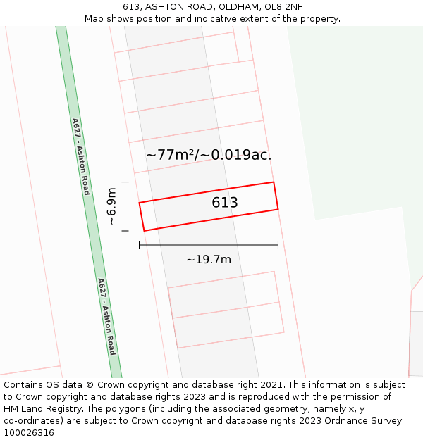 613, ASHTON ROAD, OLDHAM, OL8 2NF: Plot and title map