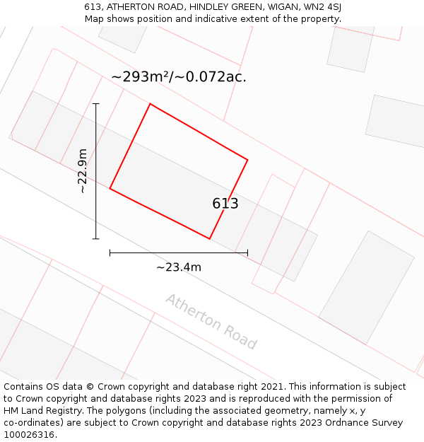 613, ATHERTON ROAD, HINDLEY GREEN, WIGAN, WN2 4SJ: Plot and title map
