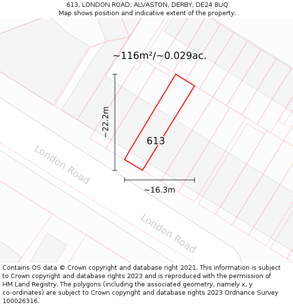 613, LONDON ROAD, ALVASTON, DERBY, DE24 8UQ: Plot and title map