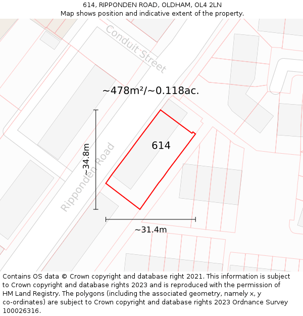 614, RIPPONDEN ROAD, OLDHAM, OL4 2LN: Plot and title map