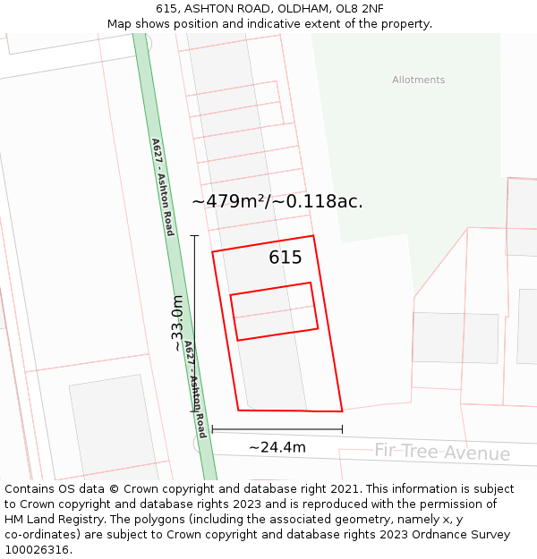 615, ASHTON ROAD, OLDHAM, OL8 2NF: Plot and title map