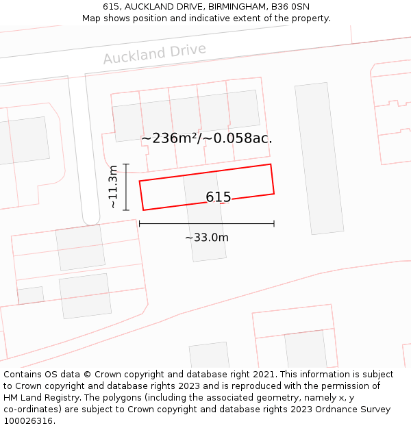 615, AUCKLAND DRIVE, BIRMINGHAM, B36 0SN: Plot and title map