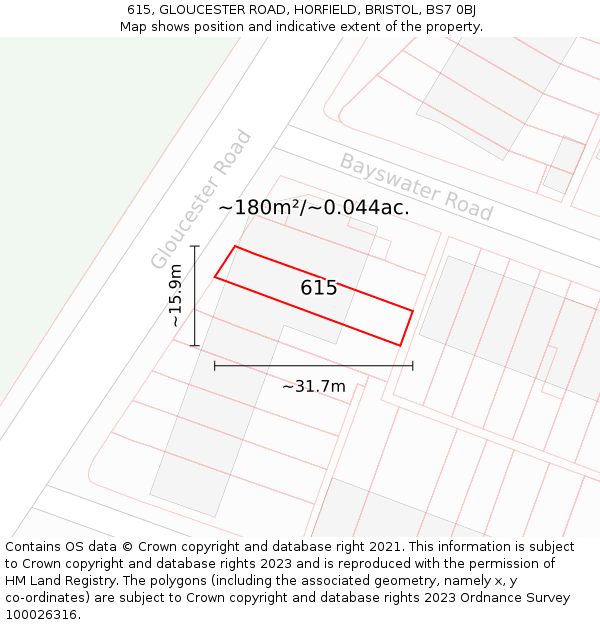 615, GLOUCESTER ROAD, HORFIELD, BRISTOL, BS7 0BJ: Plot and title map