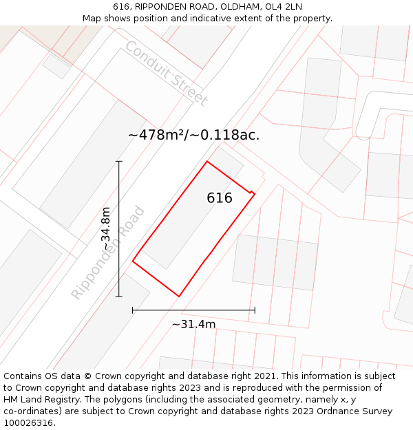 616, RIPPONDEN ROAD, OLDHAM, OL4 2LN: Plot and title map