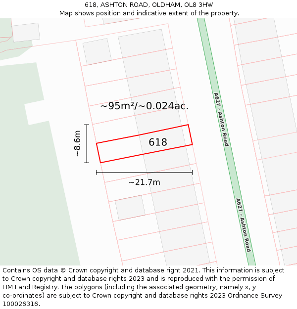 618, ASHTON ROAD, OLDHAM, OL8 3HW: Plot and title map