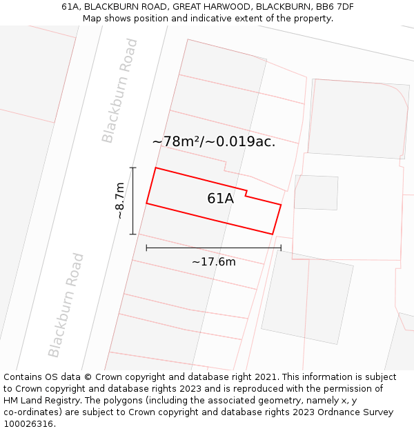 61A, BLACKBURN ROAD, GREAT HARWOOD, BLACKBURN, BB6 7DF: Plot and title map