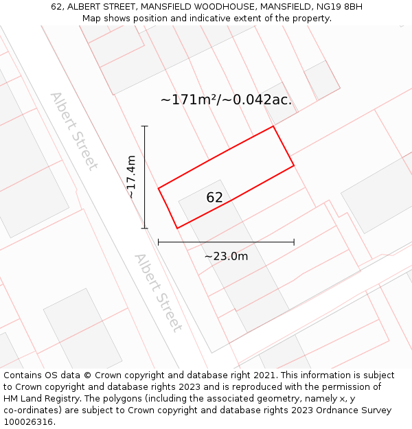 62, ALBERT STREET, MANSFIELD WOODHOUSE, MANSFIELD, NG19 8BH: Plot and title map