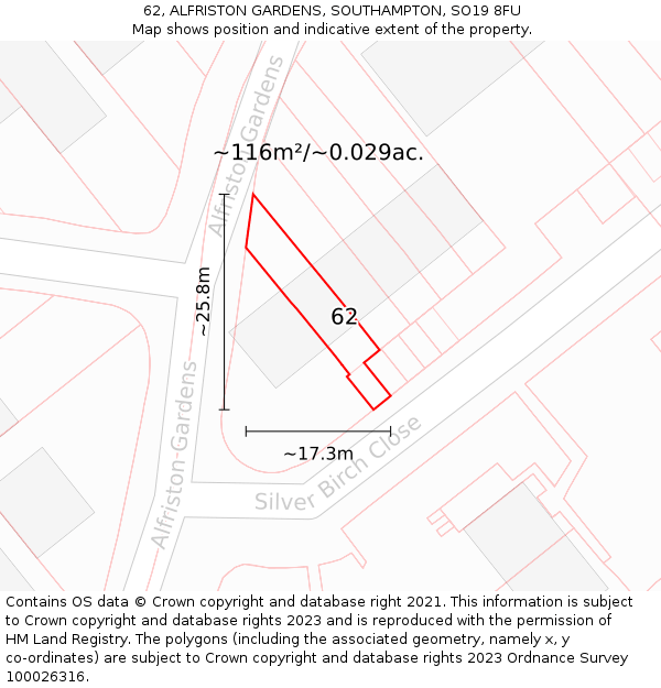 62, ALFRISTON GARDENS, SOUTHAMPTON, SO19 8FU: Plot and title map