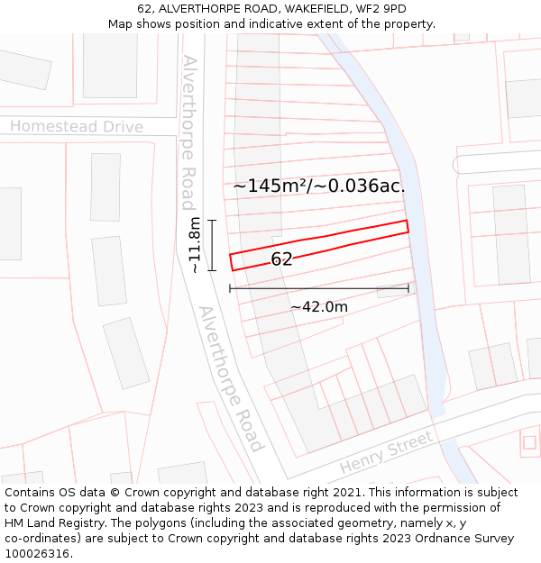 62, ALVERTHORPE ROAD, WAKEFIELD, WF2 9PD: Plot and title map