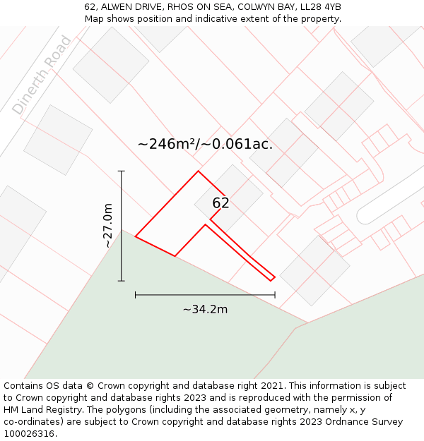 62, ALWEN DRIVE, RHOS ON SEA, COLWYN BAY, LL28 4YB: Plot and title map