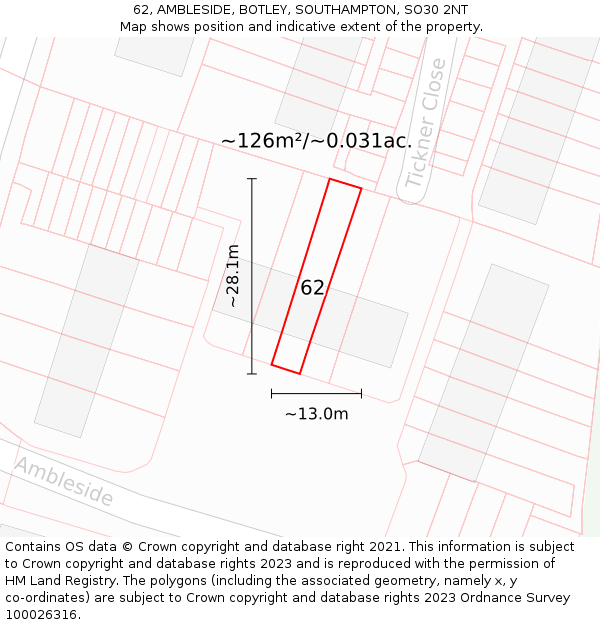 62, AMBLESIDE, BOTLEY, SOUTHAMPTON, SO30 2NT: Plot and title map