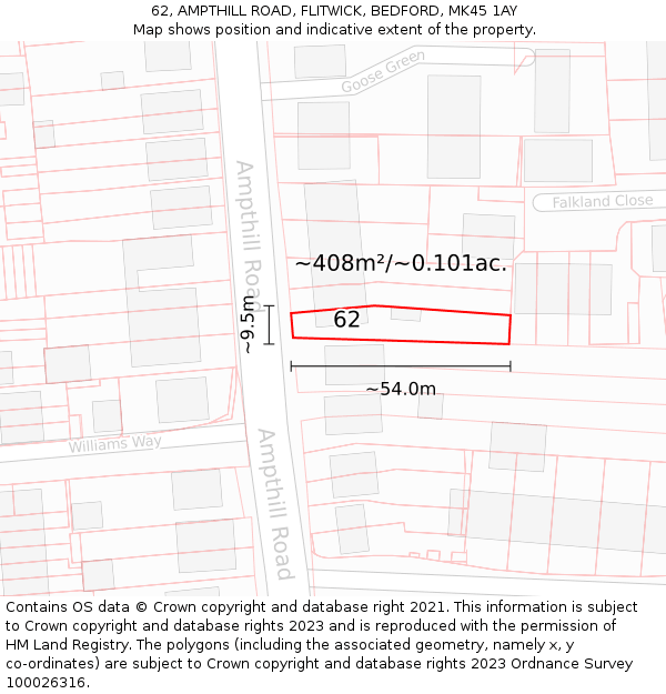 62, AMPTHILL ROAD, FLITWICK, BEDFORD, MK45 1AY: Plot and title map