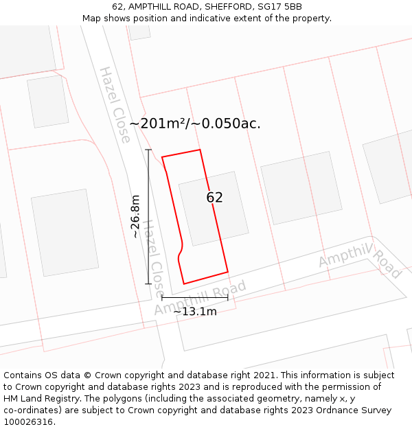 62, AMPTHILL ROAD, SHEFFORD, SG17 5BB: Plot and title map