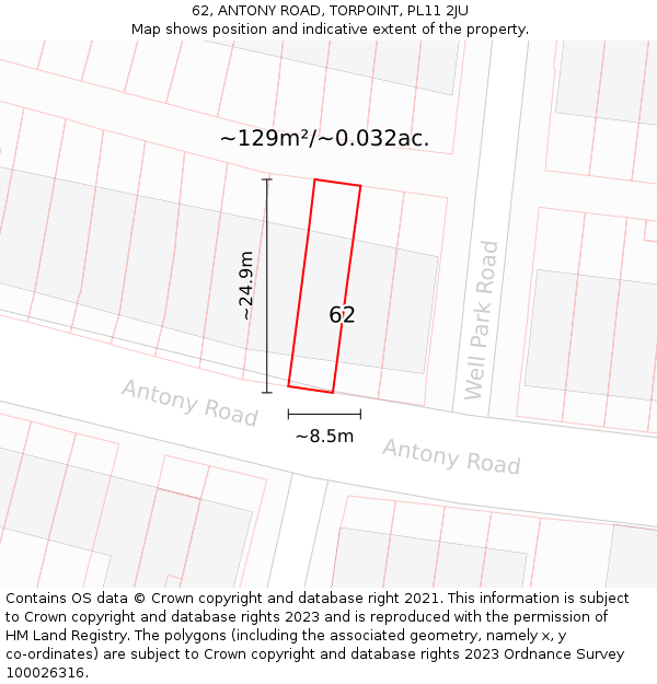 62, ANTONY ROAD, TORPOINT, PL11 2JU: Plot and title map