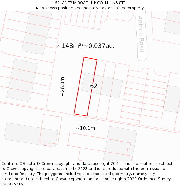 62, ANTRIM ROAD, LINCOLN, LN5 8TF: Plot and title map