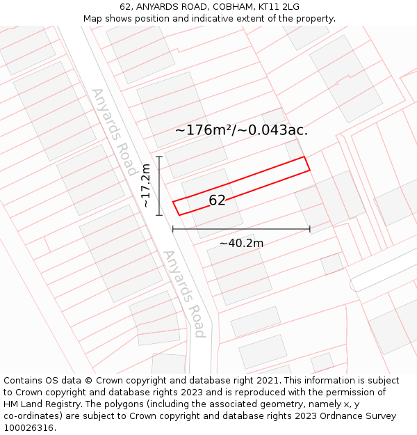 62, ANYARDS ROAD, COBHAM, KT11 2LG: Plot and title map