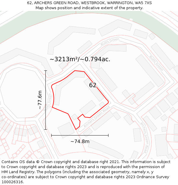 62, ARCHERS GREEN ROAD, WESTBROOK, WARRINGTON, WA5 7XS: Plot and title map