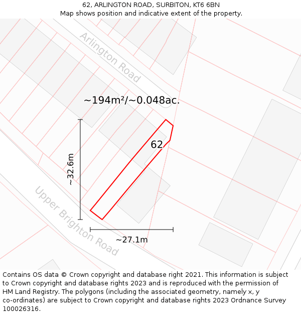 62, ARLINGTON ROAD, SURBITON, KT6 6BN: Plot and title map