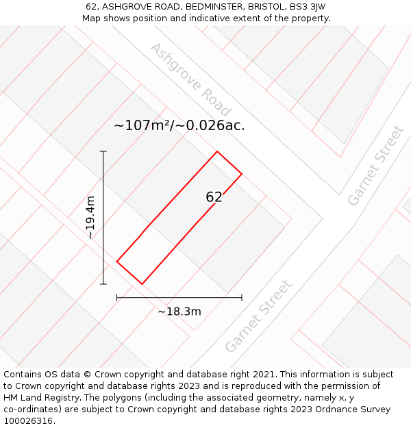 62, ASHGROVE ROAD, BEDMINSTER, BRISTOL, BS3 3JW: Plot and title map