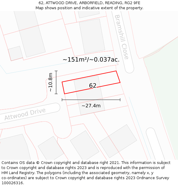 62, ATTWOOD DRIVE, ARBORFIELD, READING, RG2 9FE: Plot and title map