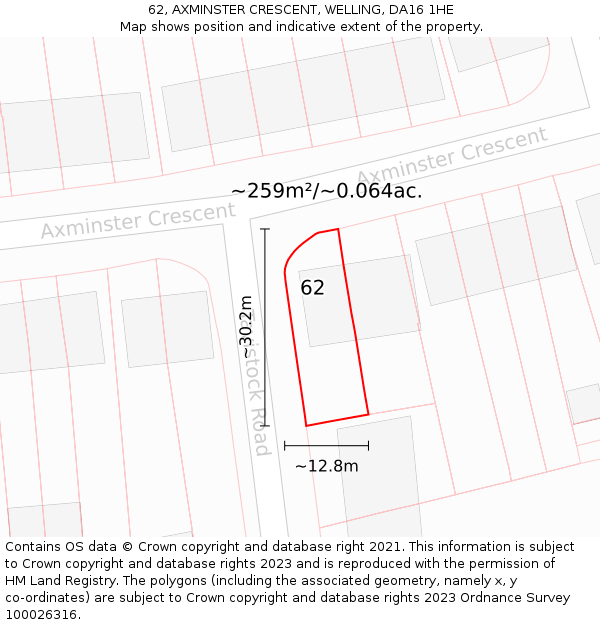 62, AXMINSTER CRESCENT, WELLING, DA16 1HE: Plot and title map