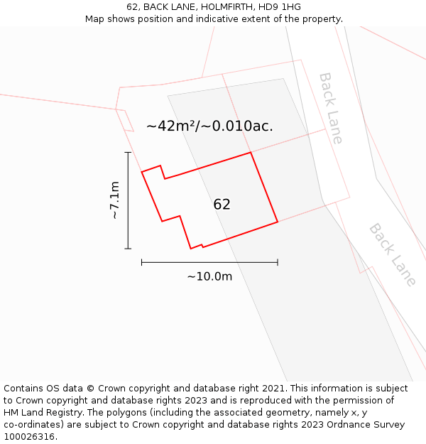 62, BACK LANE, HOLMFIRTH, HD9 1HG: Plot and title map